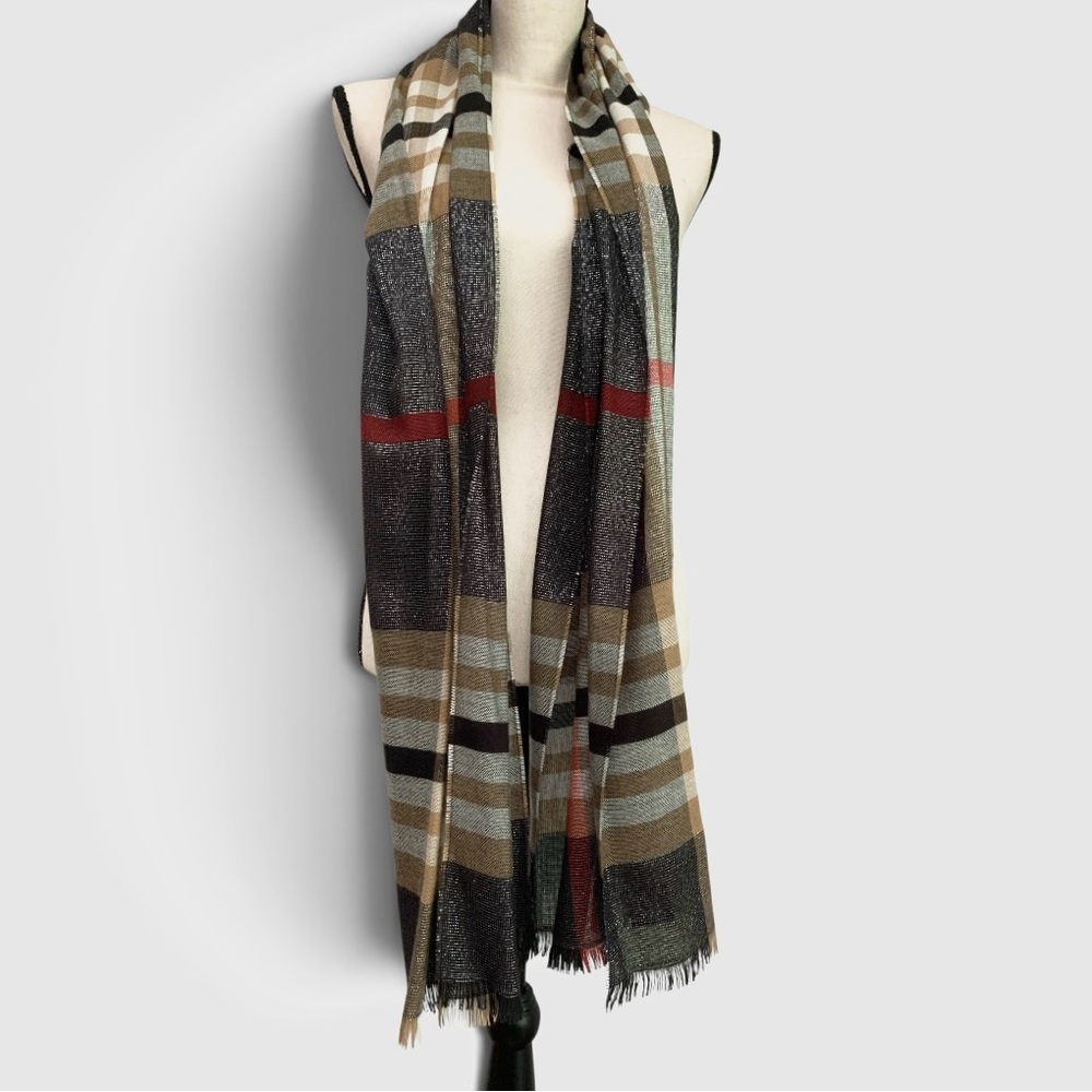 V. Fraas Plaid Metallic Scarf Wrap Black Tan Red Fringe Germany